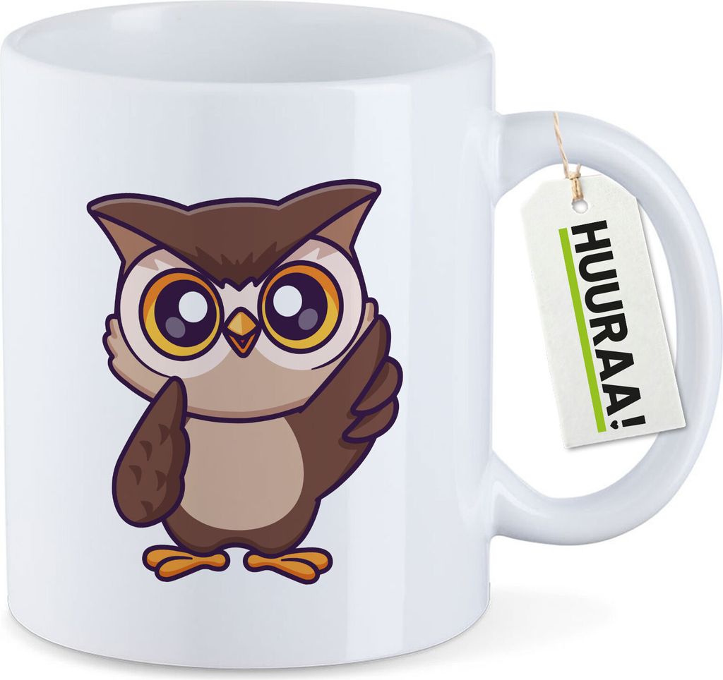 Huuraa Kaffeetasse Eule Comic 330ml Weiß Keramik Kaffeebecher Geschenkidee
