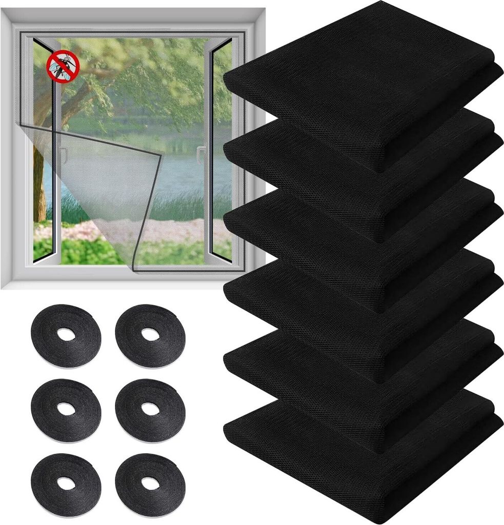6 Stück Fliegengitter Fenster – Insektenschutz Moskitonetze mit Selbstklebeband, 1.5x1.3 m, Schwarz