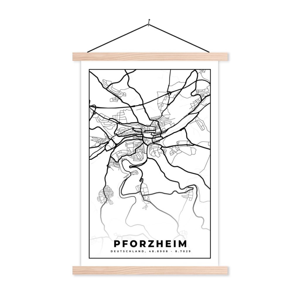 MuchoWow Textilposter Karte - Pforzheim - Karte - Stadtplan 60x90 cm mit holzfarbenen Rahmen - Textil