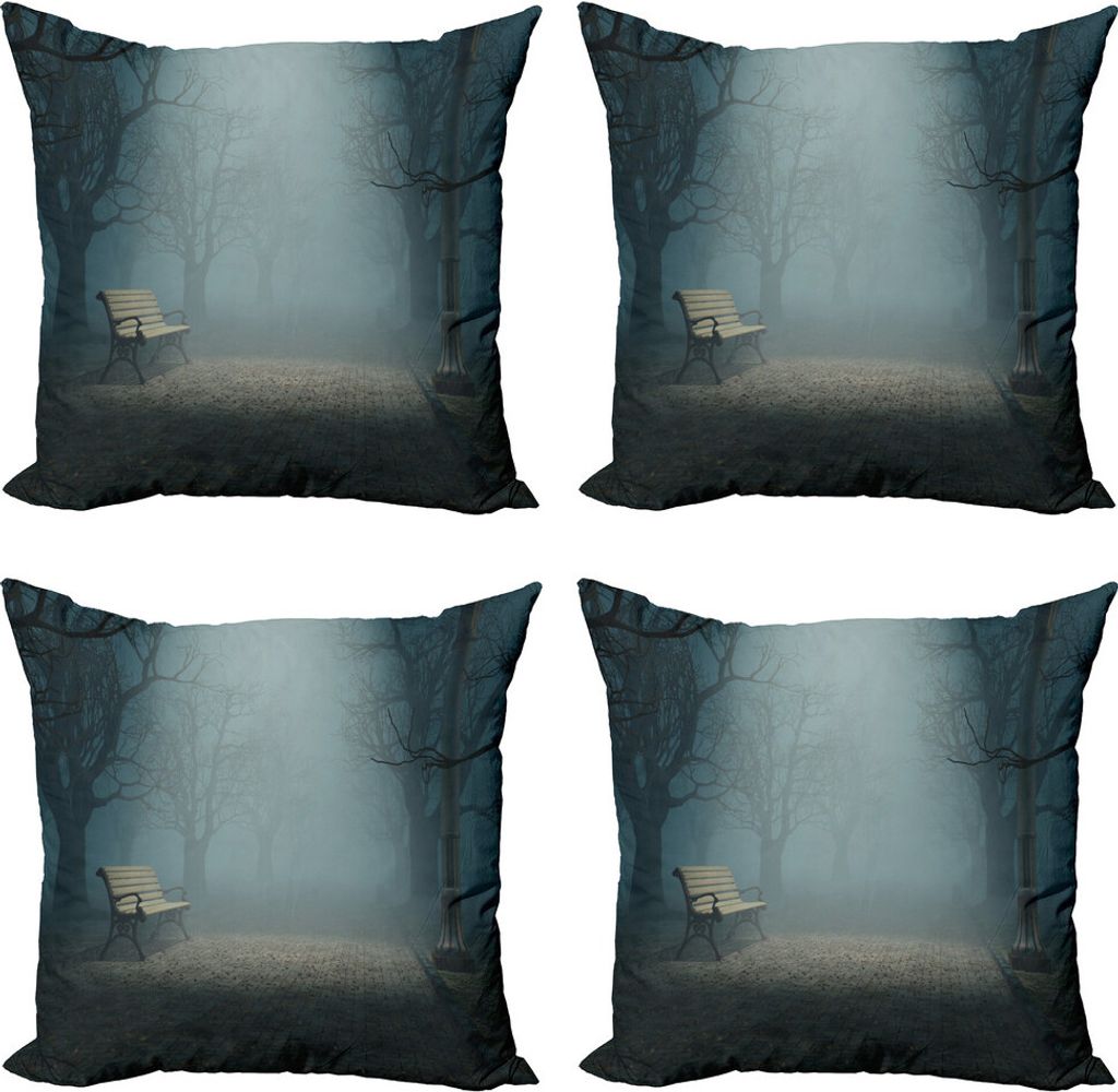ABAKUHAUS Wald Kissenbezug Set (4 Stück), Mysterious Park Horror, Moderner Doppelseitiger Digitaldruck, 45 cm x 45 cm, blau Creme