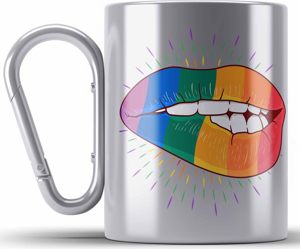 Trendation - LGBT Edelstahl Tasse Karabiner Geschenk für Schwule Lesben Transgender Regenbogen Lustige Grafik Regenbogen Bunte Lippe (Silber)
