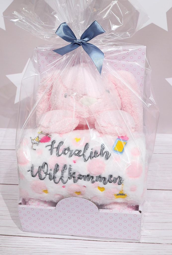 Baby Geschenkset: Kuscheltier Hase 25 cm + Babydecke 75x100 Produktbild 