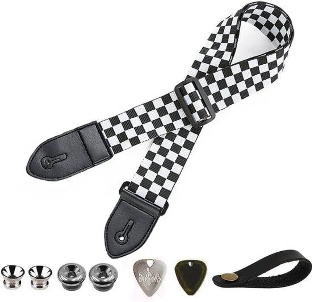 Sangle de guitare acoustique en coton noir réglable et embouts cuir