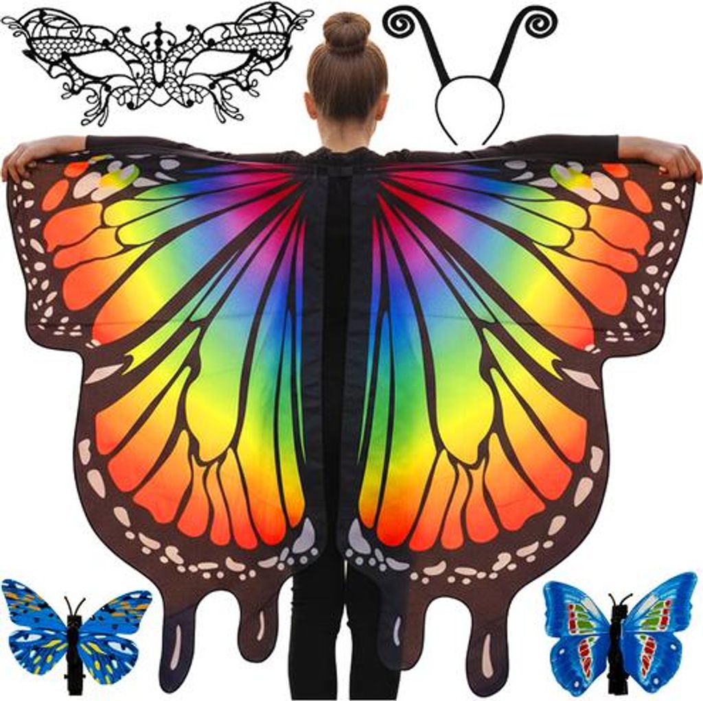 A person wearing butterfly wings and accessories.