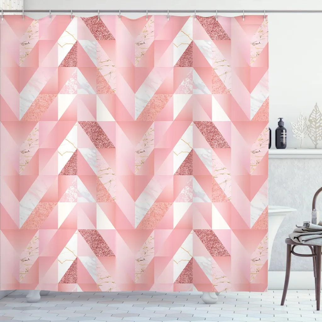 ABAKUHAUS Tenda da doccia geometrica, motivo femminile moderno con diversi ornamenti Marmo Stampa pastello, 175 x 220 cm, rosa pallido e cipria