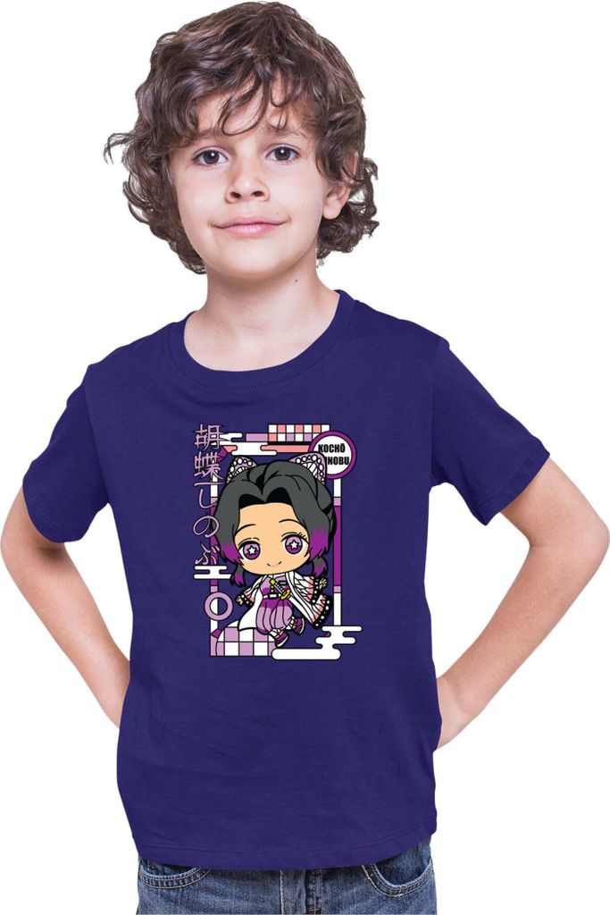 Kinder T-Shirt Demon Anime Slayer Kimetsu No Yaiba Chibi Kocho Shinobu, 3-4 Jahr - 104 / Dunkelblau