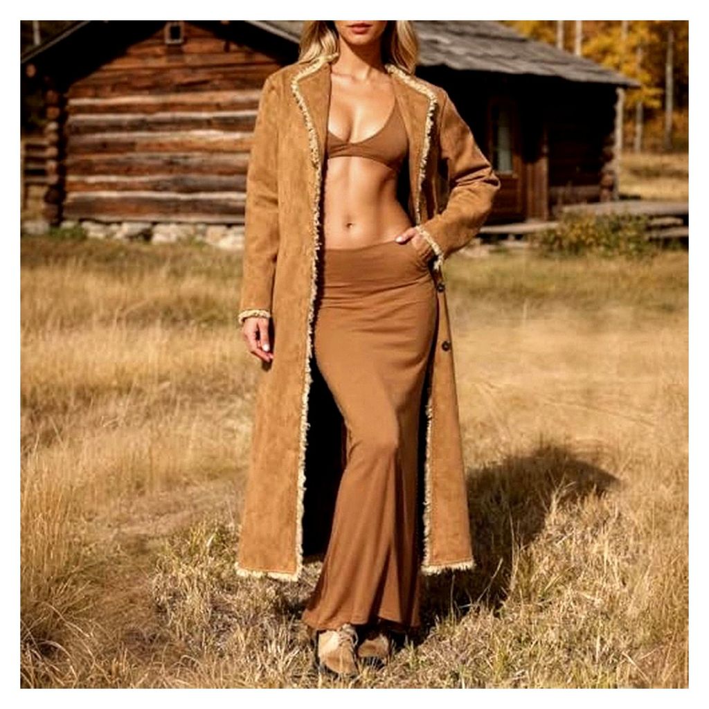 Damen Langmantel aus WildKunstleder Retro Jacke mit Kunstpelz Wintermantel Umlegekragen Plüschmantel Fleecemantel Kunstlederjacken Streetwear