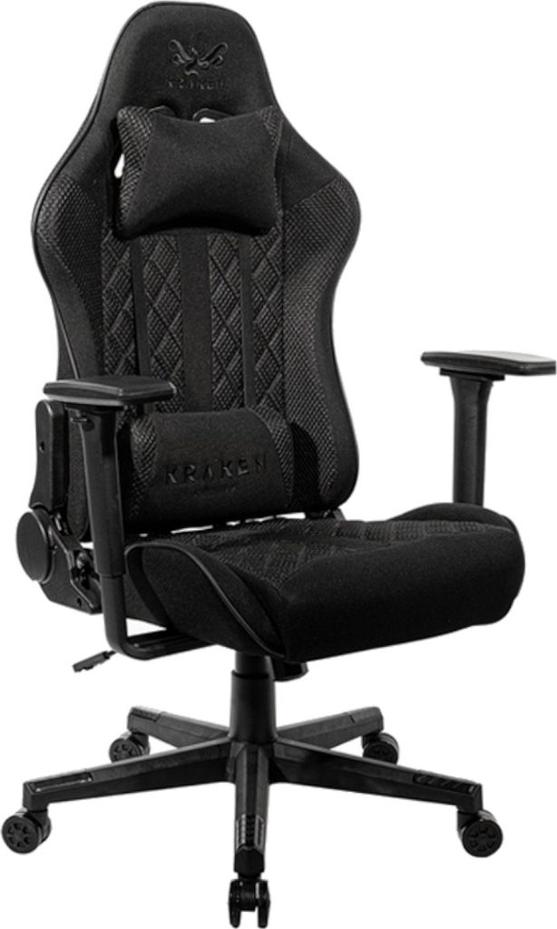 A black gaming chair shown from the front.