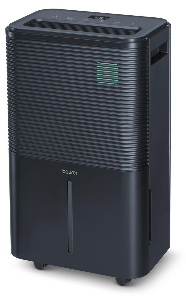 A black dehumidifier with a water tank and control panel on a white background.