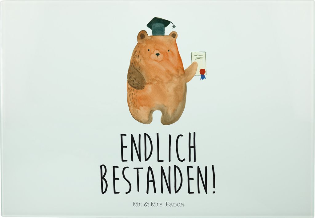 Mr. & Mrs. Panda Schneidebrett Bär Prüfung - Weiß - Geschenk, Abschluss, Servierplatte Glas, Küchenbrett, Glas-Schneidebrett, Prüfungen, Teddy...