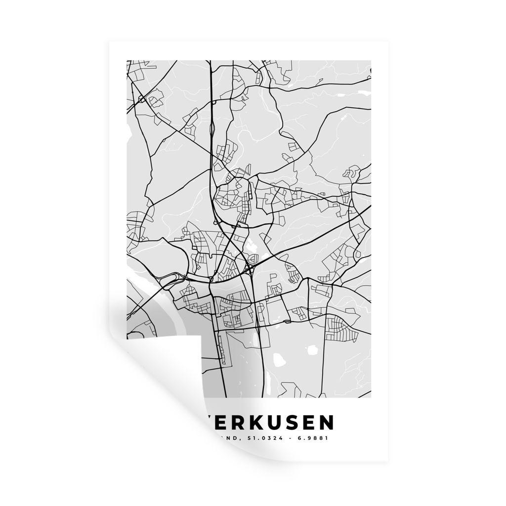 MuchoWow Wandtattoo Wandsticker Wandaufkleber Karte - Leverkusen - Deutschland - Stadtplan - Karte 80x120 cm Selbstklebend und Repositionierbar -...