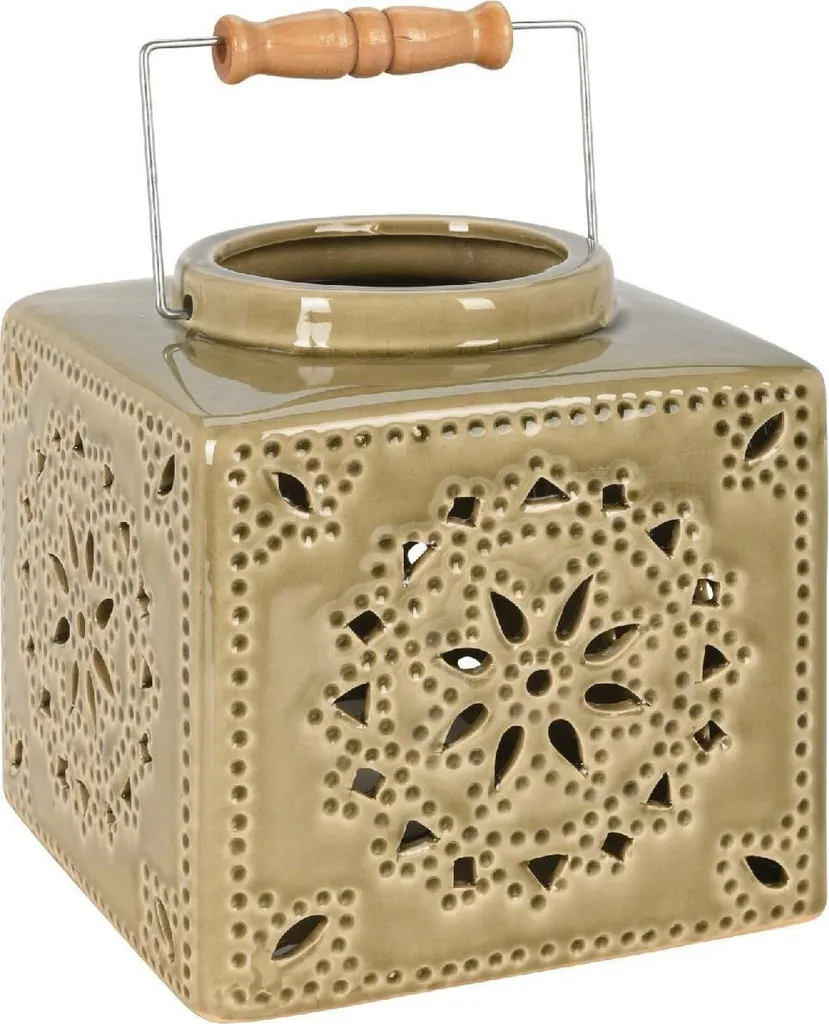 H&S Decoration Lanterna Verde Oliva 16cm in Vetroceramica Decorativa