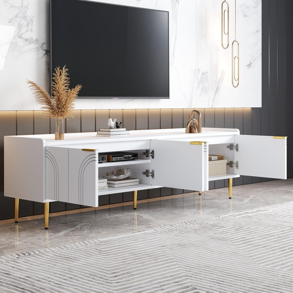 MODFU Skandinavischer TV-Schrank Lowboard Fernsehbank mit vorgebohrten Kabeldurchführungen,TV-Regal mit goldenen Griffen und goldenen Füßen,Weiß