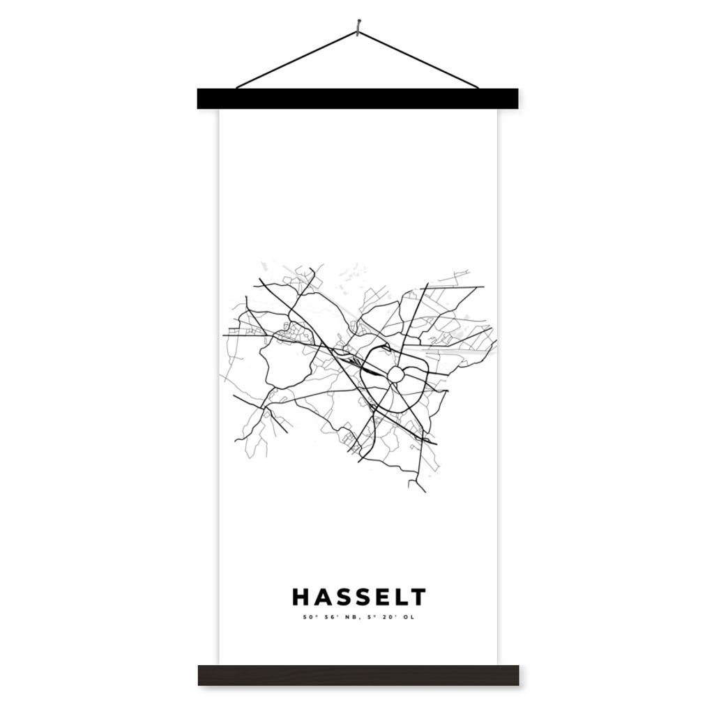 MuchoWow Textilposter Belgien - Hasselt - Stadtplan - Karte - Schwarz und weiß - Karte 40x80 cm mit schwarzem Rahmen - Wandemalerei