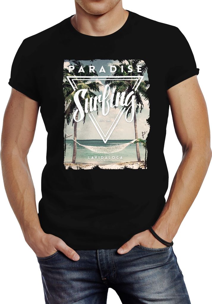 Herren T-Shirt Excotic Island Paradise Summer Sommer Slim Fit Neverless schwarz S