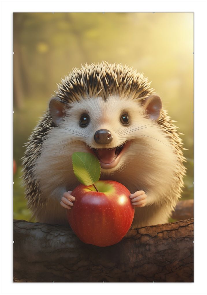 Wallario Wandbild Lächelnder Igel mit Apfel, Größe: 61 x 91,5 cm, Poster mit rahmenlosen Bildhalter