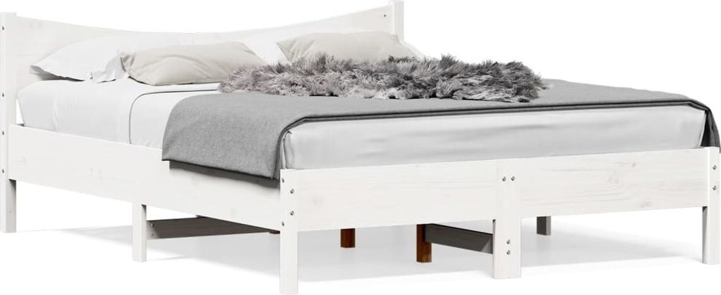 Design Massivholzbett mit Kopfteil Weiß 150x200 cm Kiefer, Klassische Betten 2024 Neu