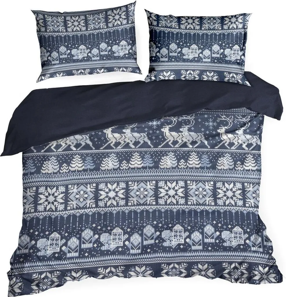 EUROFIRANY | Biancheria da letto natalizia - set da letto - cotone - 160 x 200 cm - bianco blu - motivi natalizi - 1