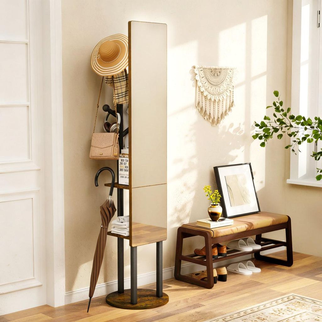 Ganzkörperspiegel Garderobe 174x40 cm 360° Drehbar Multifunktionaler Kleiderständer mit Stauraum Haken Schlafzimmer Vintage Braun