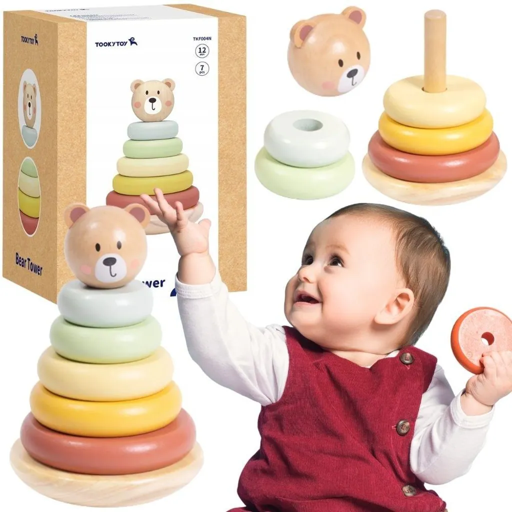 Pyramide sensorielle en bois avec anneaux texturés pour bébé