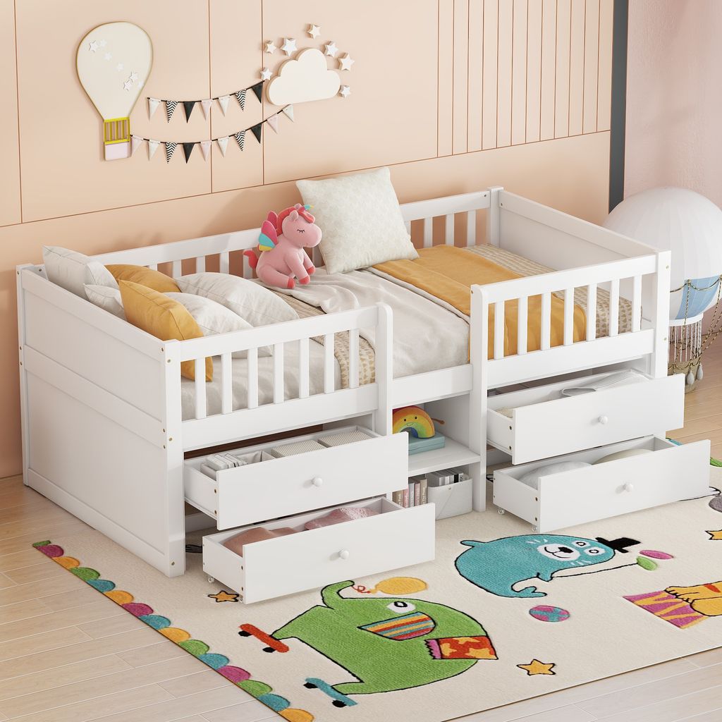 Kinderbett mit Schubladen und Lattenrost, 90x200 cm, Rausfallschutz, Holzbett, Jugendbett, Einzelbett, Kiefer