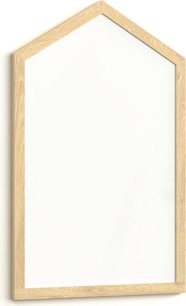 A whiteboard with a wooden frame in the shape of a house.