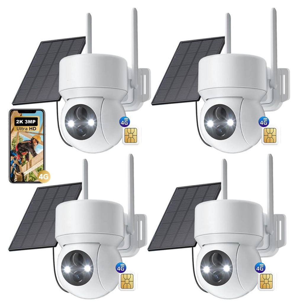 4 Stück 4G LTE Überwachungskamera Aussen Solar Akku 2K Kamera Überwachung Aussen mit SIM Karte Kabellos IP Kamera Ohne WLAN 360° PTZ Farb-Nacht...