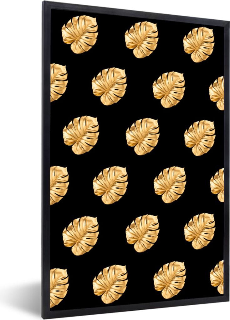 MuchoWow MuchoWow Gerahmtes Poster Gold - Monstera - Muster 20x30 cm - Poster mit zchwarzem Bilderrahmen - Drucken - Bilder Poster im Rahmen