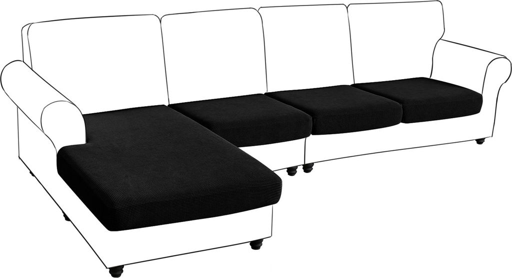 Sofa Sitzkissenbezug 3 Sitzer + Chaise, Stretch Jacquard L-Form Sofa Sitzkissen Sofabezug Schonbezug Sofaschoner, Schwarz