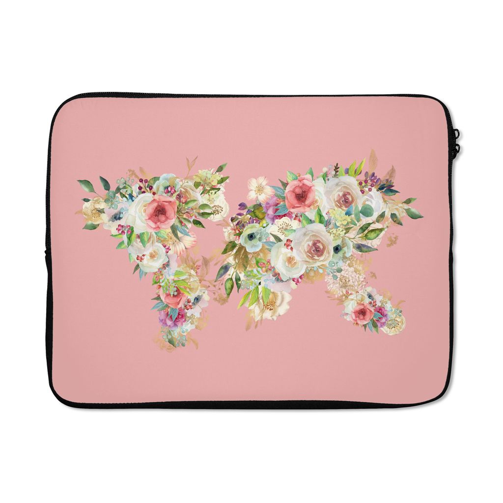 MuchoWow Laptop Hülle 15 Zoll Weltkarte - Rosen - Rosa Laptoptasche - Laptoptasche - Sleeve - Rundum-Schutz