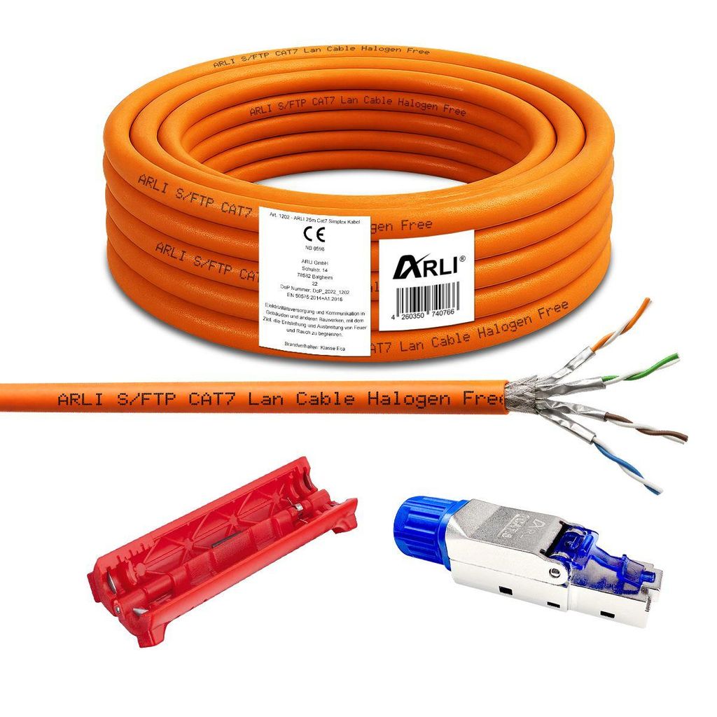 ARLI Cat7 Verlegekabel 25 m S/FTP LSZH + 2x RJ45 Cat8.1 Netzwerkstecker werkzeuglos + Abisoliermesser Ethernetkabel halogenfrei