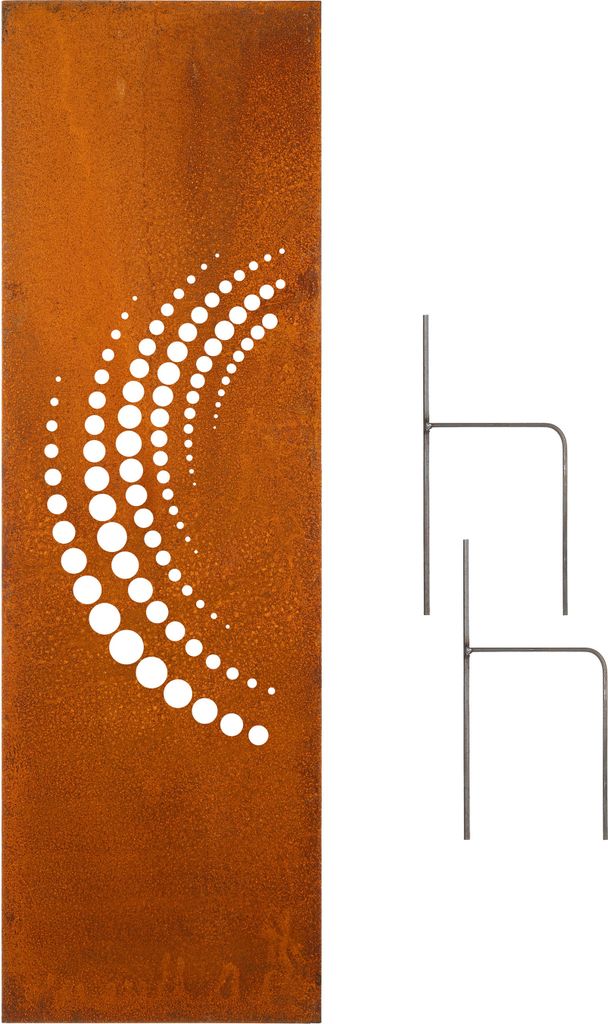 A rusty metal garden screen with a circular pattern and two metal ground stakes.