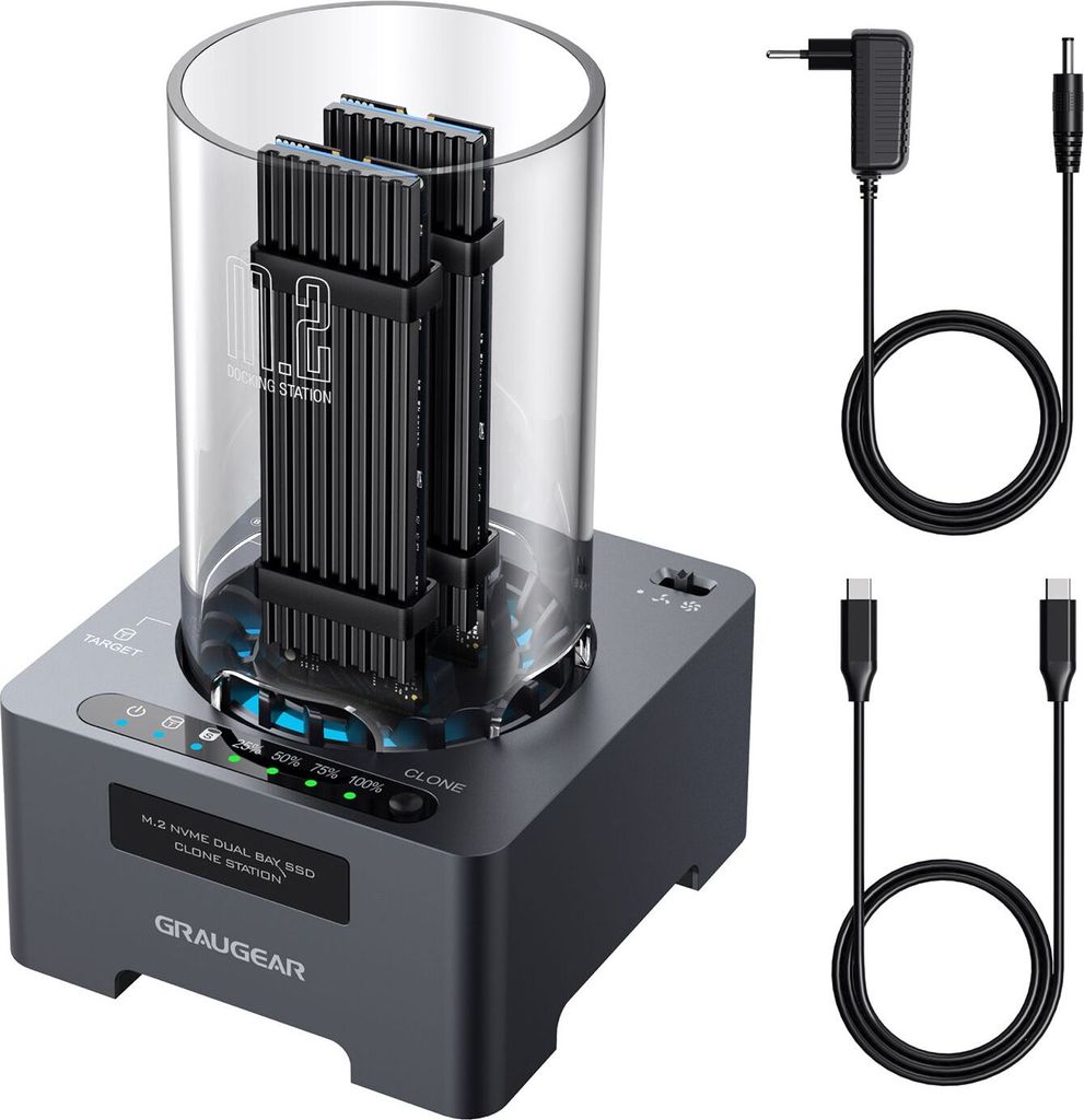 GRAUGEAR DM.2 Klone Station M.2 NVMe SSD mit Lüfter 20Gbit