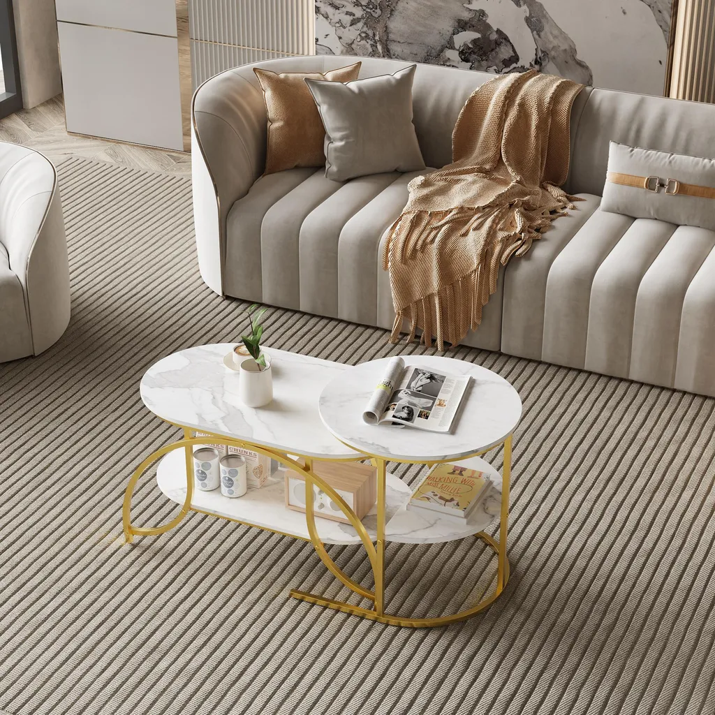 UnboxG Set 2 Tavolini da Salotto Marmo e Oro | Design Moderno Elegante