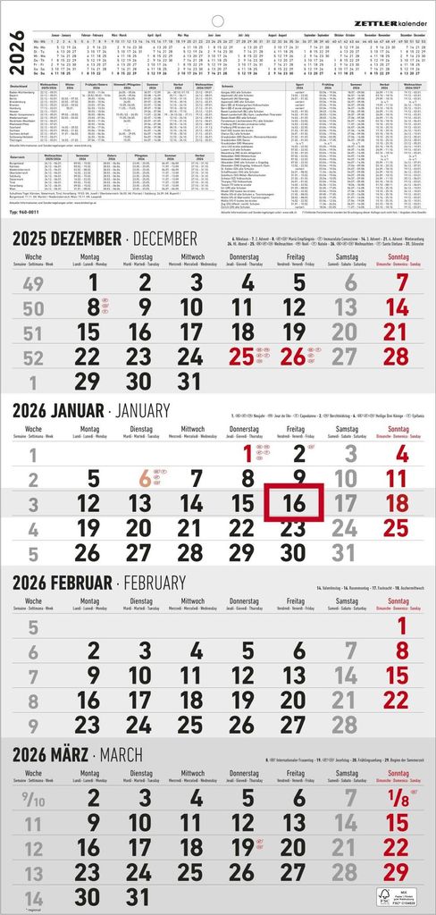 Zettler 4-Monatskalender 2026 - Wandkalender 30 × 63 cm mit Datumsschieber, 4 Monate pro Blatt, Monatsübersicht Dez. 2025-Jan. 2027, 4-sprachig D...