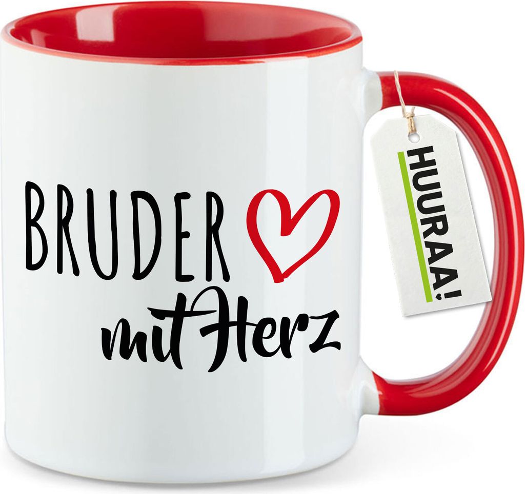 Huuraa Kaffeetasse Bruder mit Herz 330ml Rot Keramik Kaffeebecher Geschenkidee