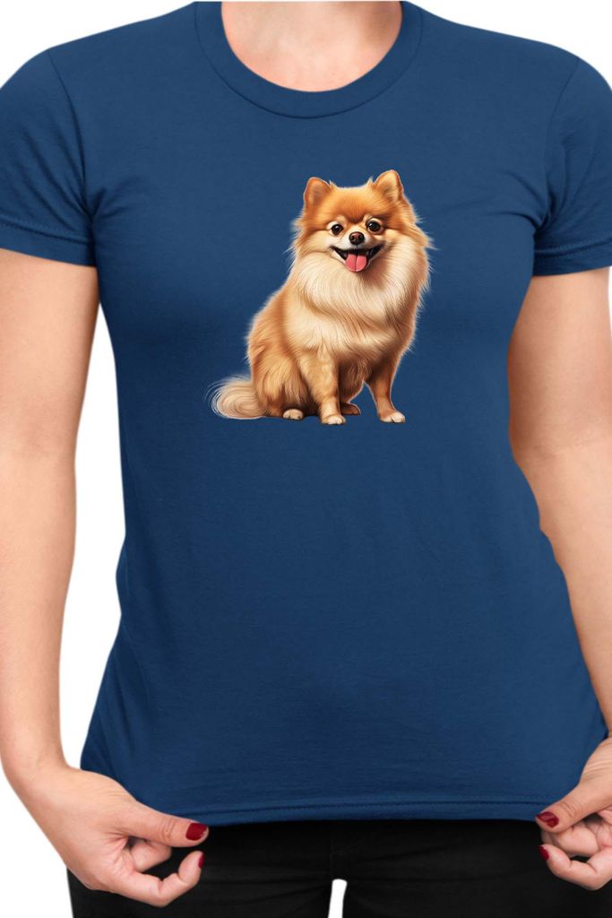 Damen T-Shirt Dogs Breeds Pomeranian Dog Breed 006, Lady L / Dunkelblau