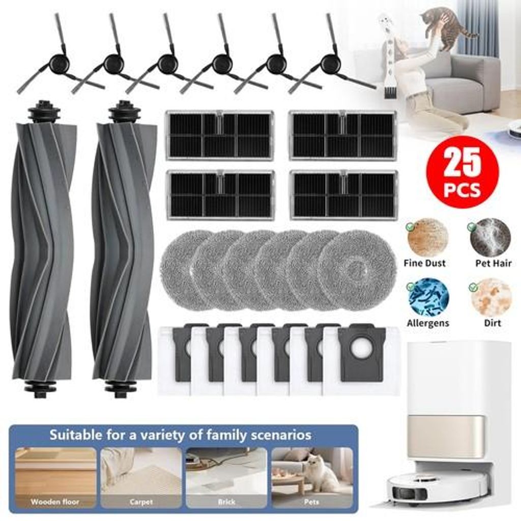 A collage of vacuum cleaner accessories and a vacuum cleaner base station, with lifestyle images and feature callouts.
