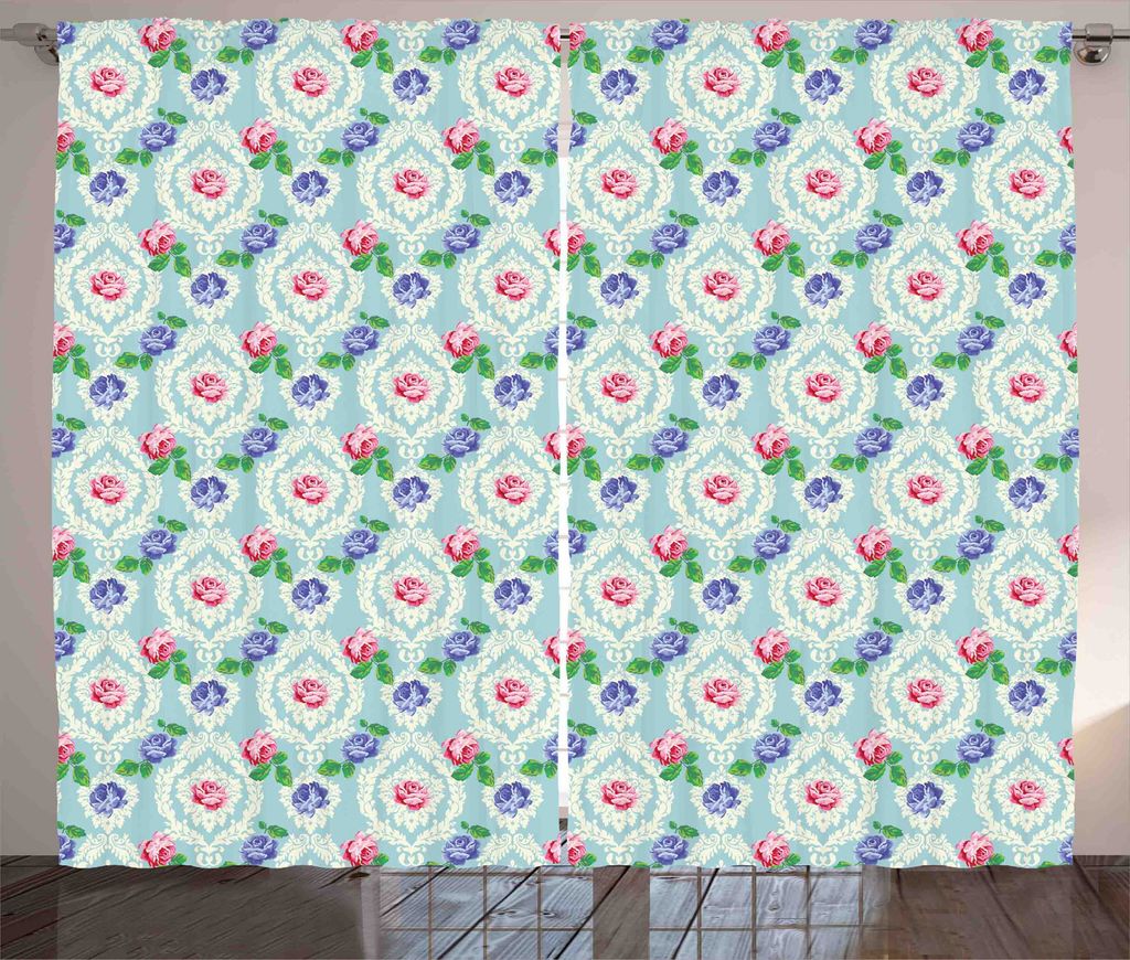 ABAKUHAUS Floral Rustikaler Gardine, Barock farbige Rosen, Schlafzimmer Kräuselband Vorhang mit Schlaufen und Haken, 280 x 245 cm, Mehrfarbig
