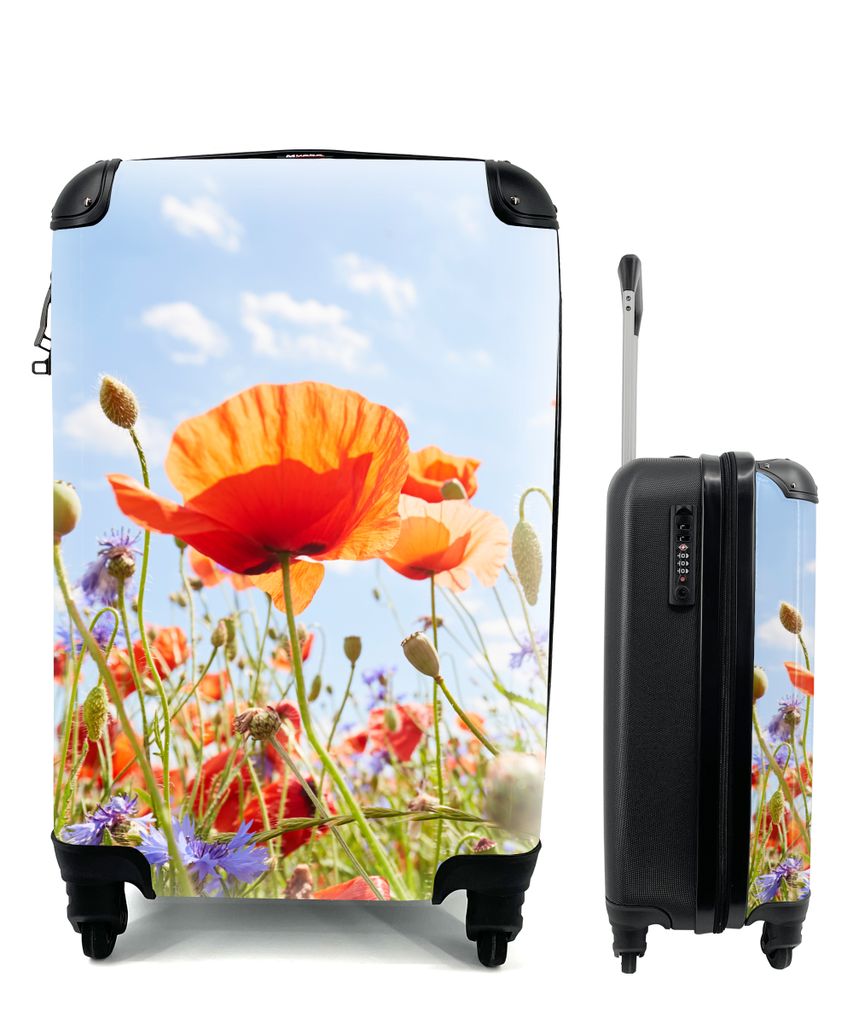 MuchoWow Koffer Handgepäck Trolley Rollkoffer Kleine Reisekoffer mit 4 Rollen - Blumen - Mohn - Frühling - Natur - Rot - Blau - Cabin Size < 55...