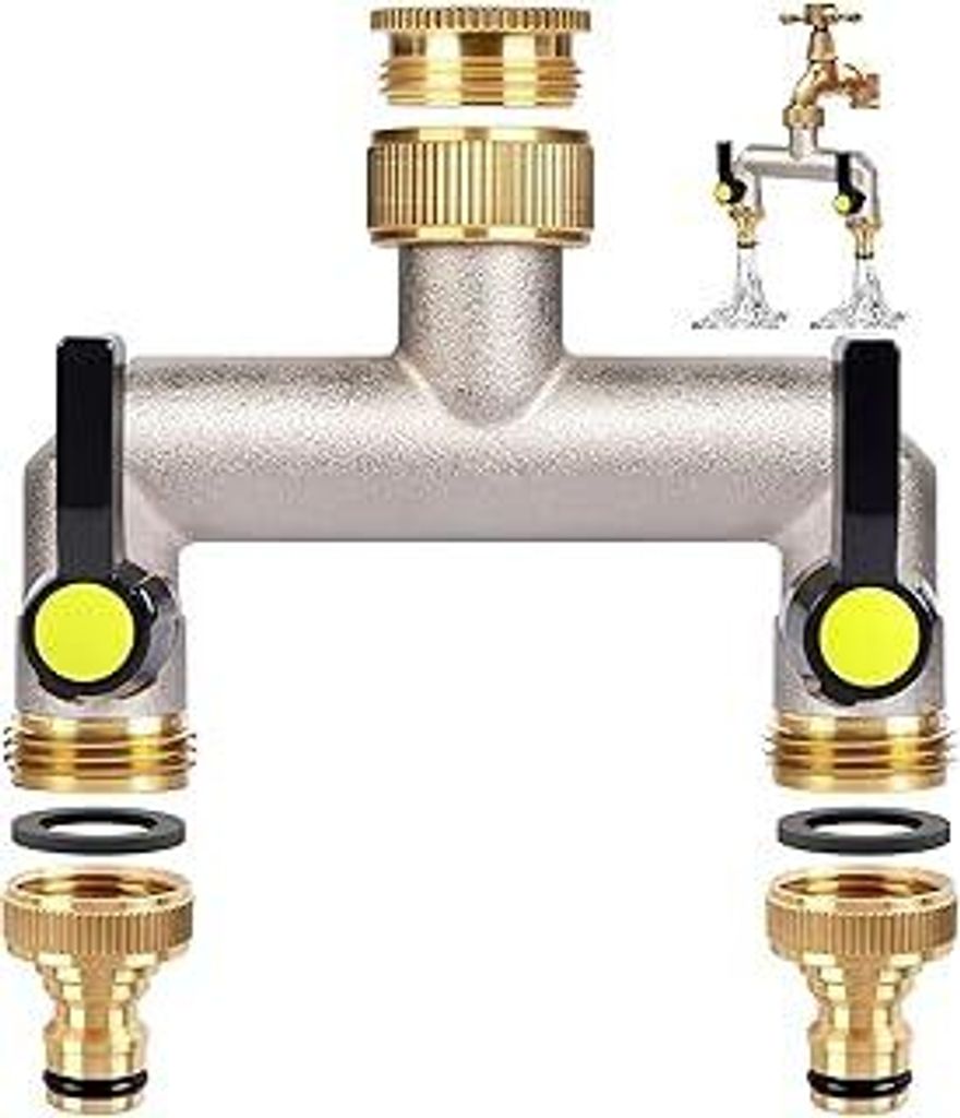 2 Wege Wasserhahn Verteiler, 3/4 Zoll Messing Wasserverteiler Garten, 2er 3/4 auf 1/2 Adapter, Wasseranschluss Verteiler Kompatibel mit DREI Gerät...