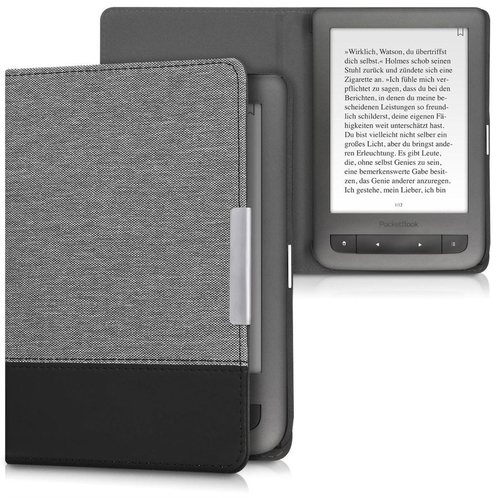 kwmobile Hülle kompatibel mit Pocketbook Touch Lux 3/Basic Lux/Basic Touch 2 - Canvas eReader Schutzhülle Cover Case - Grau Schwarz