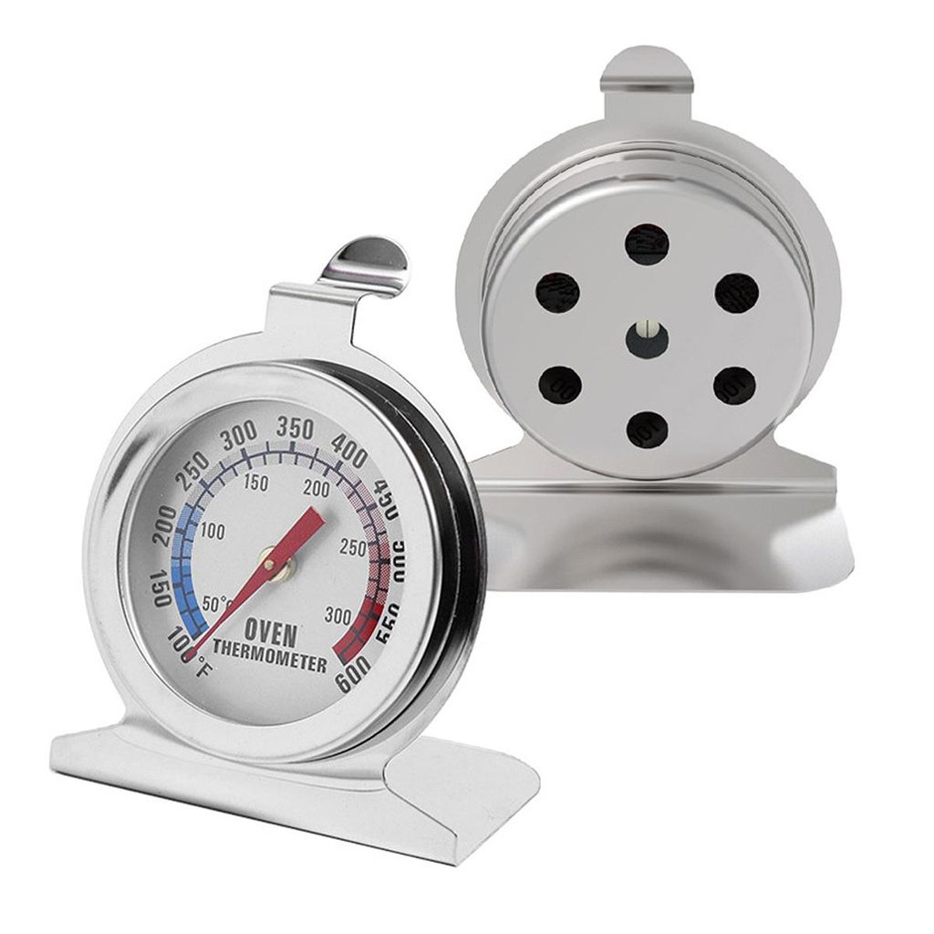 Two stainless steel oven thermometers shown on a white background. One thermometer is shown from the front, displaying its dial and needle, while the other is shown from the back, highlighting its heat vents.