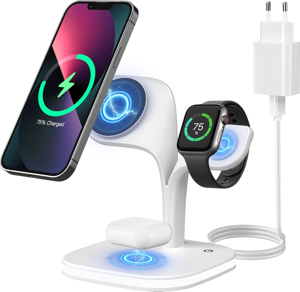 Geeignet für iPhone, 3-in-1 Schnellladung, drahtlose Aufladung, Nachttischlampe, Tischtelefon, Kopfhörer, Uhr, drahtloses Ladegerät, weiß