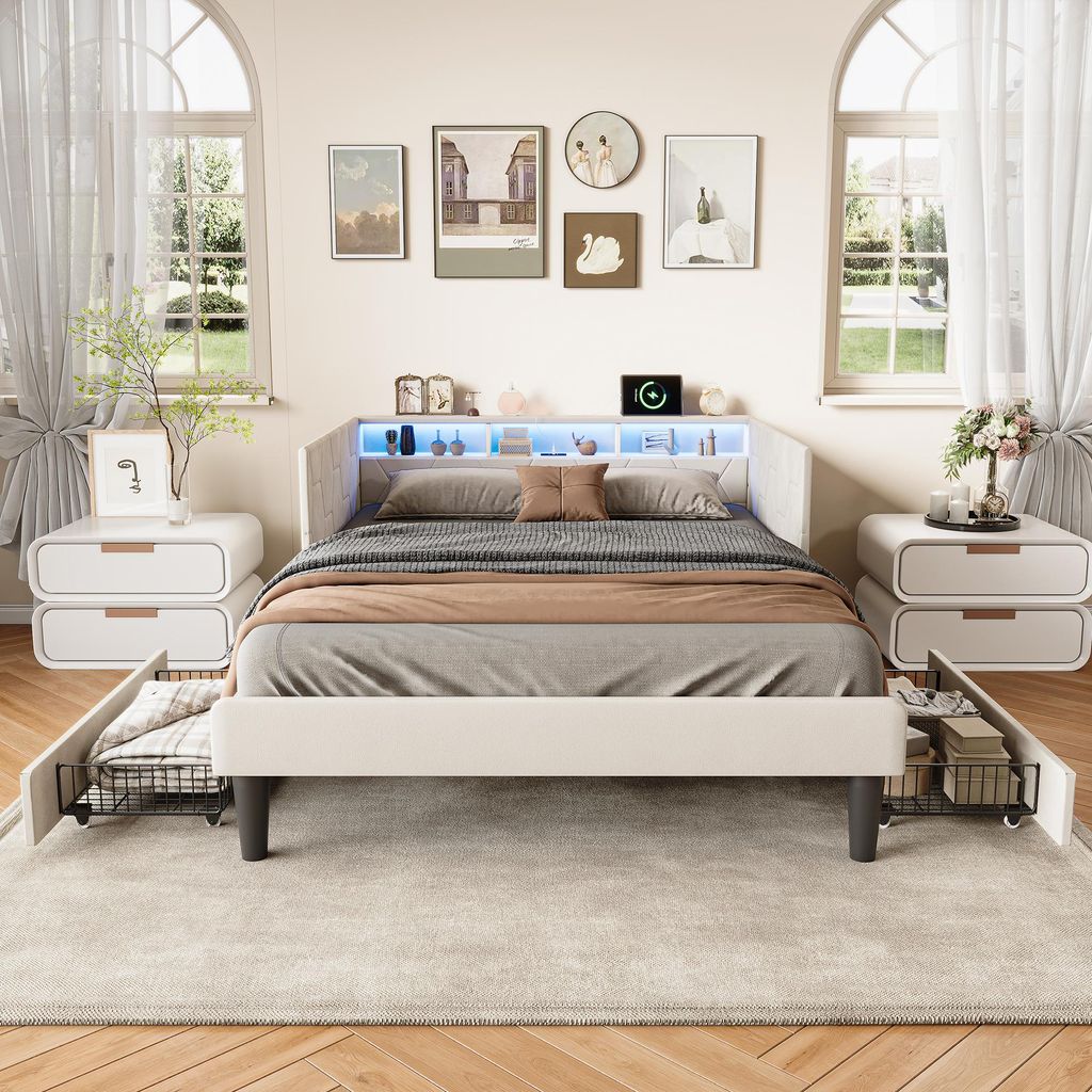 Doppelbett 140 x 200 cm mit 2 Schubladen, LED-Kopfteil und Stauraum, USB- und Typ-C-Ladeanschluss, Lattenrost, Samt, Beige