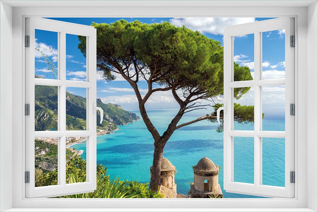 Wallario Wandbild aus Acryl, 60 x 90 cm, freischwebende Optik - Italienische Küste mit Fenster-Illusion