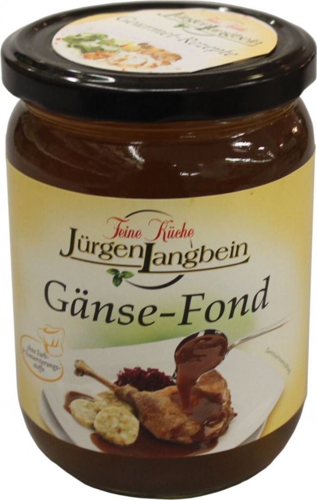 A jar of goose fond with a picture of a prepared dish on the label.