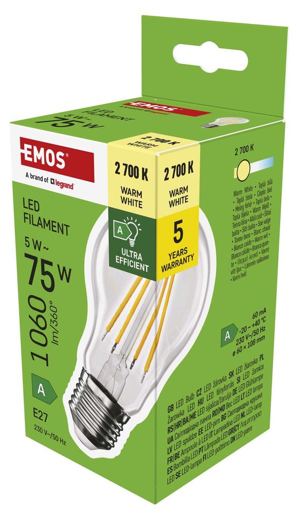 EMOS LED Lampe Edison A60, 5W Ersatz für 75W Glühbirne, A Klasse Vintage-Birne mit E27 Sockel, Helligkeit 1060 lm, Warmweiß 2700 K