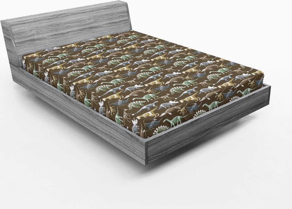 ABAKUHAUS Dinosaurier Spannbetttuch, Jurazeit Dinosaurier Säugetiere Skelette Prähistorische Kreaturen, 90 x 190 cm, Blau grau Khaki Grau
