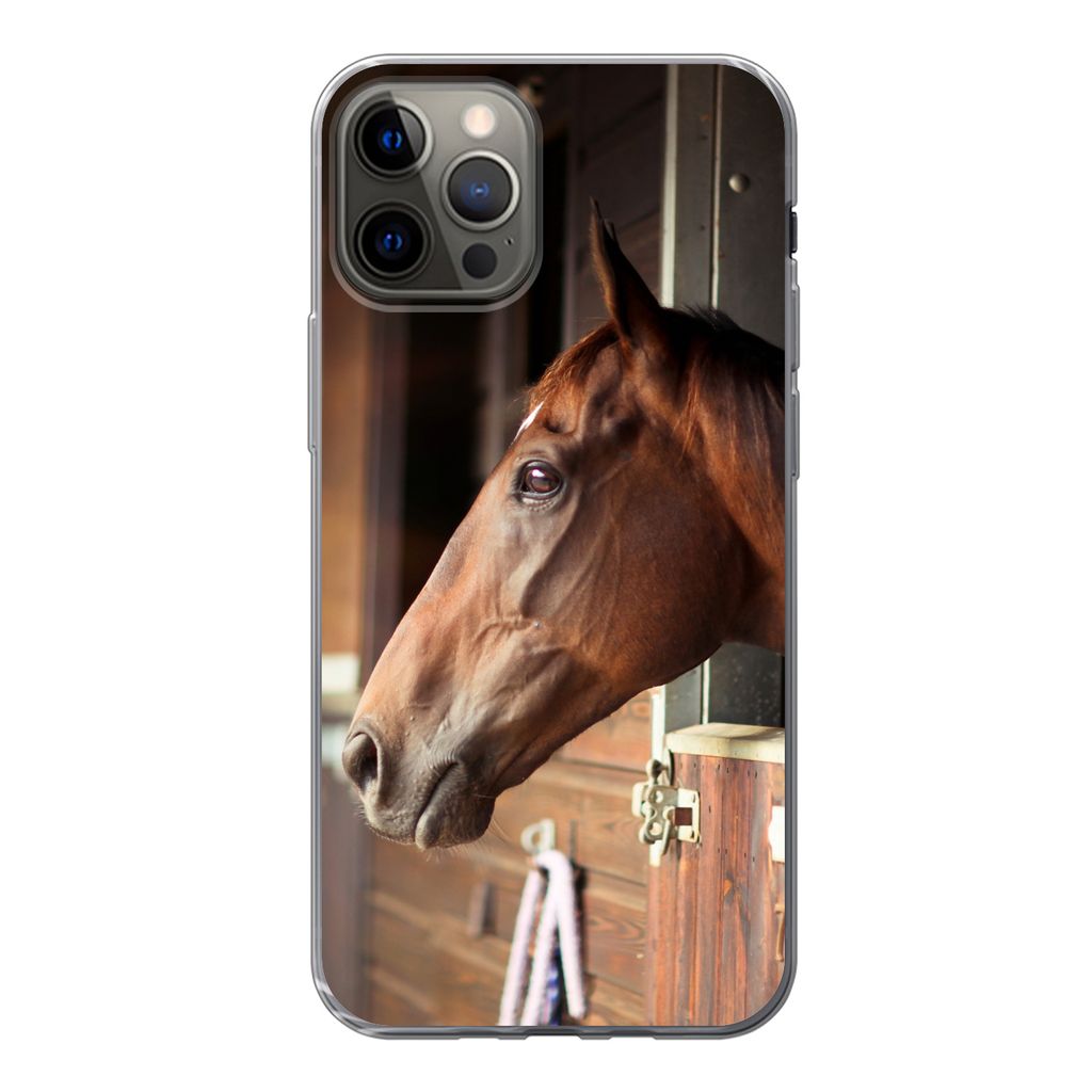MuchoWow Handyhülle Schutzhülle Hülle für iPhone 12 Pro Pferd - Stall - Sonne Silikon Softcase Handy Hülle - Abdeckung